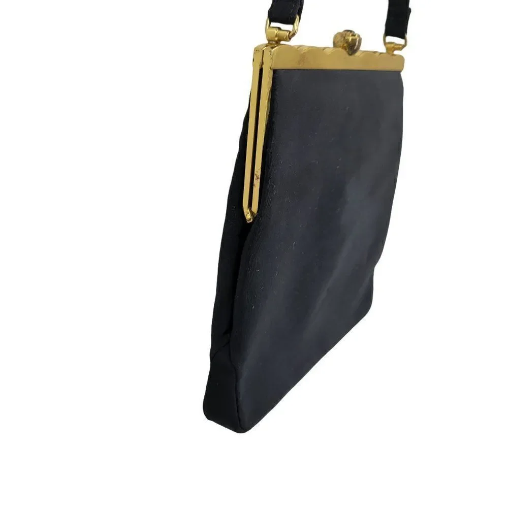 Vintage 60s Formal Evening Bag Black Gold Scalloped Trim Push Lock Clasp USA‎